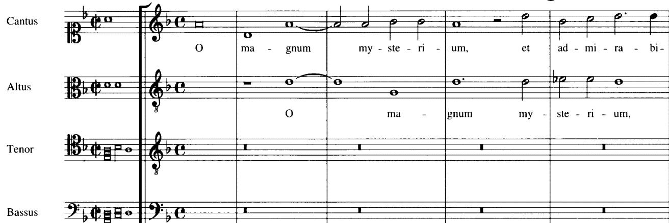 Example I-2 “O magnum mysterium” (mm. 1–22)；⑤