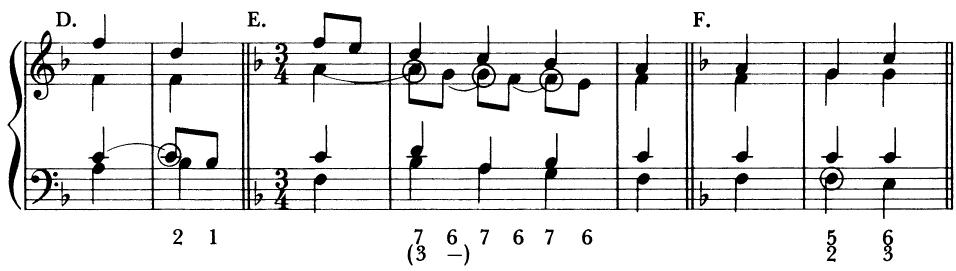 neighboring and leaping tones. Some typical examples of the various seventh-chord “inversions” are listed in Ex. 1-4A through D, with the relation of the chordal seventh to a specific non-harmonic idiom indicated. Note the common “passing $\frac{6}{4}$ ” device in Ex. 1-4B, which bridges the 6 and $\frac{6}{5}$ . The $\frac{3}{4}$ chord is infrequent, again usually relegated to a passing function. The subjects of non-harmonic tones, suspensions, and chordal dissonance in regard to two-voice contrapuntal settings will be discussed in greater detail in Chapters 4 and 5.