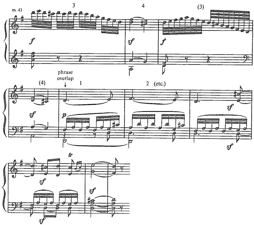 Example 2.36. Recomposition of Beethoven&rsquo;s Op. 14, No. 2, mm. 43 ff. (to the end of the exposition)