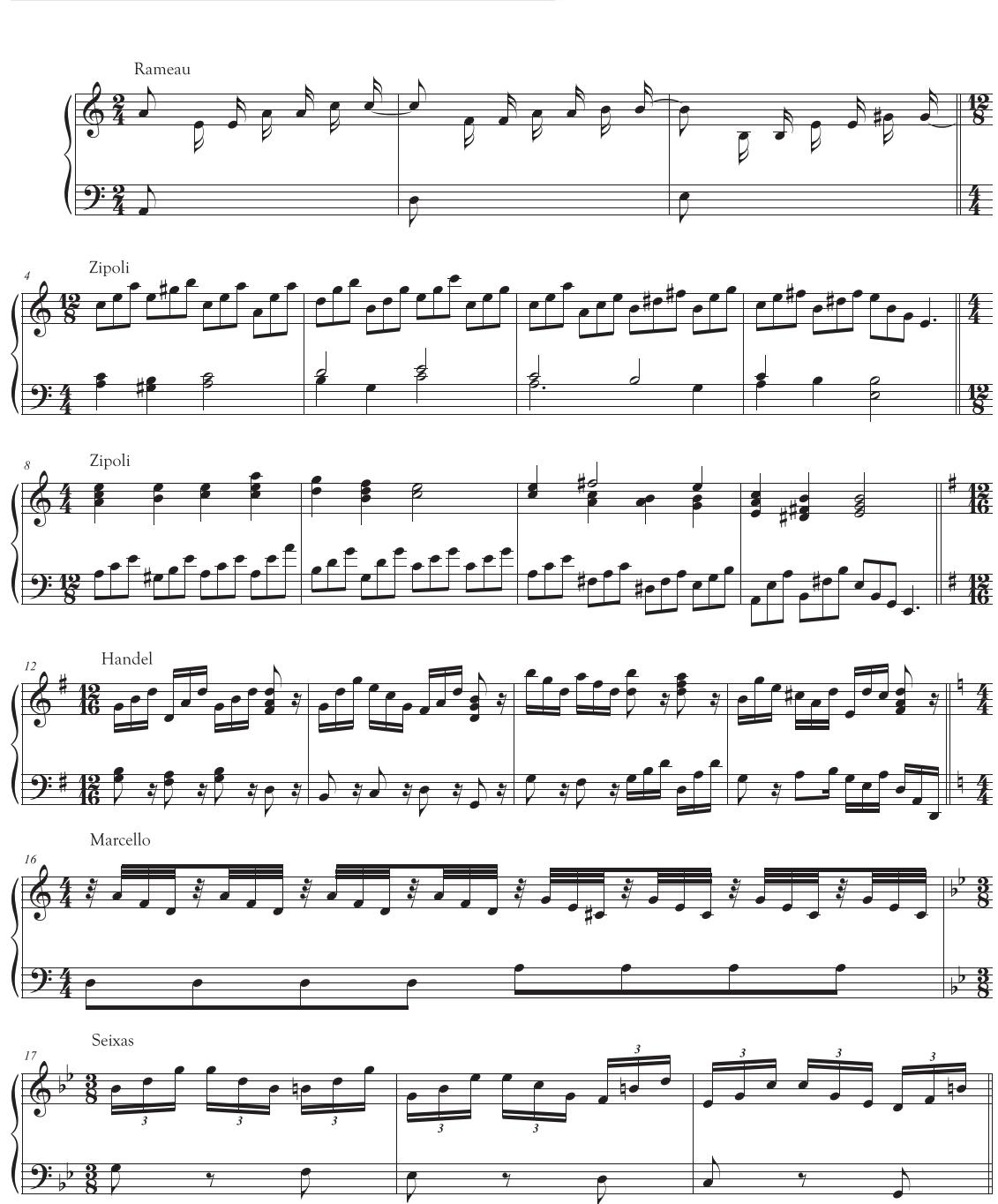sounds such as chords with sevenths and even ninths. It is also possible to create a more Romantic piano sound using this technique; Busoni frequently used it in his Bach transcriptions. Managing the voice-leading and nonharmonic tones can become very challenging. Once we start to add neighbor and passing notes, it becomes less clear how many voices we are implying. At this stage, as long as the voice-leading sounds good and the harmony is correct, it is not important to keep strict accounting of the number of voices.