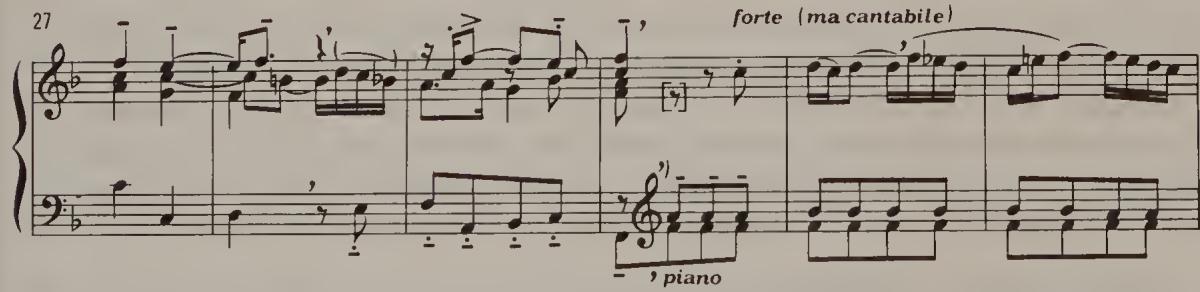 Ex. 2.1. Italian Concerto, BWV 971, first movement, bars 27–32: suggested execution with a &lsquo;pause for breath&rsquo; in bar 30 (when playing a two-manual harpsichord without a coupler it is of course unnecessary to shorten the crotchet $f^{1}$ and $a^{1}$ )；$^{6}$ This is confirmed by C. P. E. Bach: ‘In slow or moderate tempos, caesurae are usually extended beyond their normal length . . . This applies to fermate, cadences, etc., as well as caesurae. It is customary to drag a bit and depart somewhat from a strict observance of the bar, for the note before the rest as well as