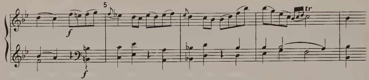 right. $^{14}$ This rhythmic ambiguity has a charm of its own. $^{15}$ Only as the movement proceeds does it become clear, especially in the case of Mozart, that the beginning was an up-beat. If Mozart had composed bars 3 and 4 differently, for instance as in Ex. 2.11, the theme would have started on the down-beat.