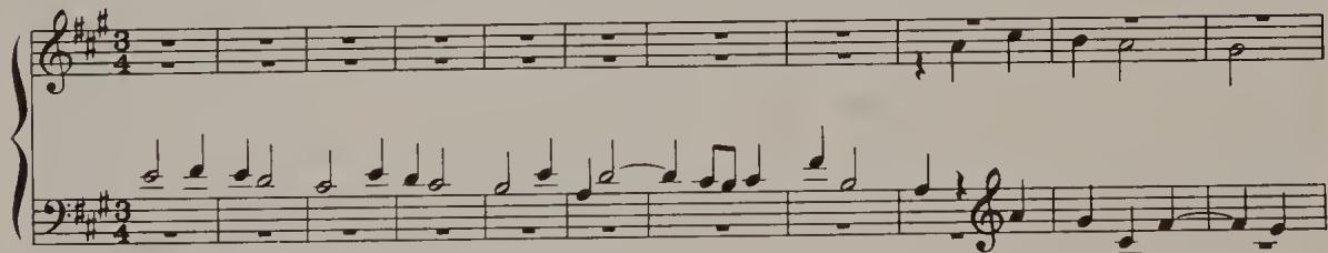 Ex. 2.20. Organ Fugue in A major, BWV 536, bars 1–11；With regard to period structure, apart from simple dances, unfigured chorales occupy an important place in Bach&rsquo;s output by virtue of their popular, rhythmically uncomplicated quality. With the exception of the fermatas these are song-like movements with a very simple period structure, mostly of 4 + 4 bars. It is common knowledge that many chorales are adaptations of German folk-songs, which originally were rhythmically freer and more varied than the chorales. However, in the course of about two
