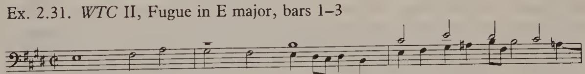 All this was common musico-symbolic cultural property. However, what distinguishes Bach&rsquo;s theme from the versions of Handel and Mozart is the rhythm of the continuation. After a pregnant pause (being a &lsquo;starting-point&rsquo;, the g# should be emphasized or slightly lengthened), there are two more &lsquo;crosses&rsquo; in rhythmic diminution, and a further acceleration to an eighth of the original note-values (demisemiquavers instead of crotchets). This rapid figuration is also permeated with Cross symbolism (E-A-C-F#, etc.). $^{20}$