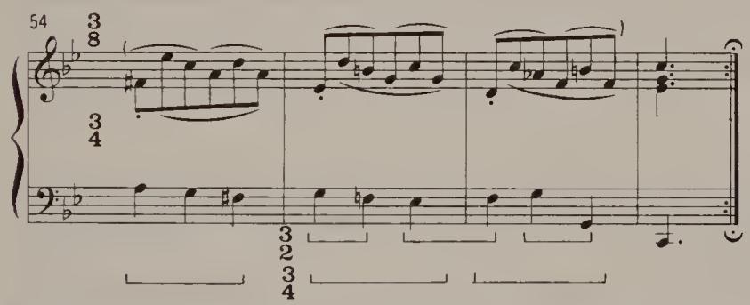 The Sarabande of the French Overture contains a particularly sophisticated example of rhythmic design. Here, in the top and middle voices, a hemiola follows the main motif in bars 2 and 3. At the same time the lower voice, in imitation of the beginning, maintains 3/4, and in addition, in bar 4, prepares for the continuation of the period (bar 5 of the top voice; see Ex. 2.40).