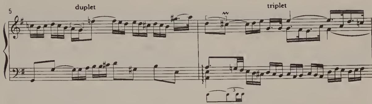 Ex. 2.57. Partita No. 5, BWV 829, Allemande, bars 5–6；been notated as a grace-note, its length would have been ambiguous. In bar 5 (and in bars 4 and 17–20) Bach could easily have written dotted semiquavers (♪) if he had wanted them to be played as triplets. Thus it seems more likely that he wished to express different rhythms by using different notation; see also bar 25, where the triplets are similarly interrupted (Ex. 2.58; it is of course true that in the first edition the second duplet note is always beneath the second triplet note, which could have been intentional). Similar considerations suggest that even quaver duplets should be played in bar 2 of the D major Prelude in WTC II. Otherwise Bach could have saved himself the trouble of writing the double time signature Ⓞ12/8, and in bar 2, as in the rest of the prelude, could simply have written dotted quavers and semiquavers (see Ex. 2.59). $^{32}$