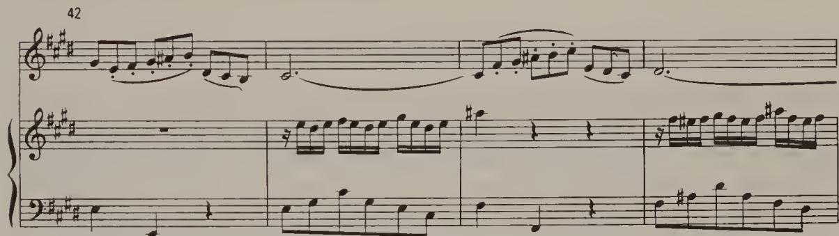 Ex. 2.60. Sonata No. 3 for violin and harpsichord, BWV 1016, last movement, bars 42–5；However, the accompaniment of the triplet theme maintains the duplet rhythm of the main theme (Ex. 2.61). To assimilate the accompaniment to triplets, as is sometimes suggested, would rob the passage of its charm, and would not make musical sense (see e.g. the semiquavers in bar 37, which could hardly be changed into triplets).