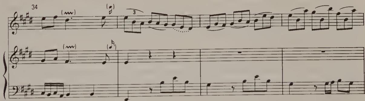 Ex. 2.61. Sonata No. 3 for violin and harpsichord, BWV 1016, last movement, bars 34–7；Finally there are quite a number of pieces which are wholly based on the contrast between triplets and equal semiquavers. These include the triplet version of Invention No. 1 and the F sharp minor Prelude of WTC II (Ex. 2.62).