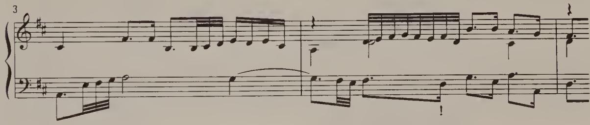 Ex. 2.85. WTC I, Fugue in D major, bars 3–4；Tovey $^{53}$ and Palmer $^{54}$ demonstrated in their editions, unacceptable consecutive octaves $(f\sharp-d)$ would result if bar 4 were over-dotted. Furthermore, in this fugue Bach always wrote the semiquaver directly below or above the seventh demisemiquaver. Thus I believe that the dotting should also be ‘normal’ in bars 9–10 and 17–19 and not delayed. Should it be played as in the Busoni