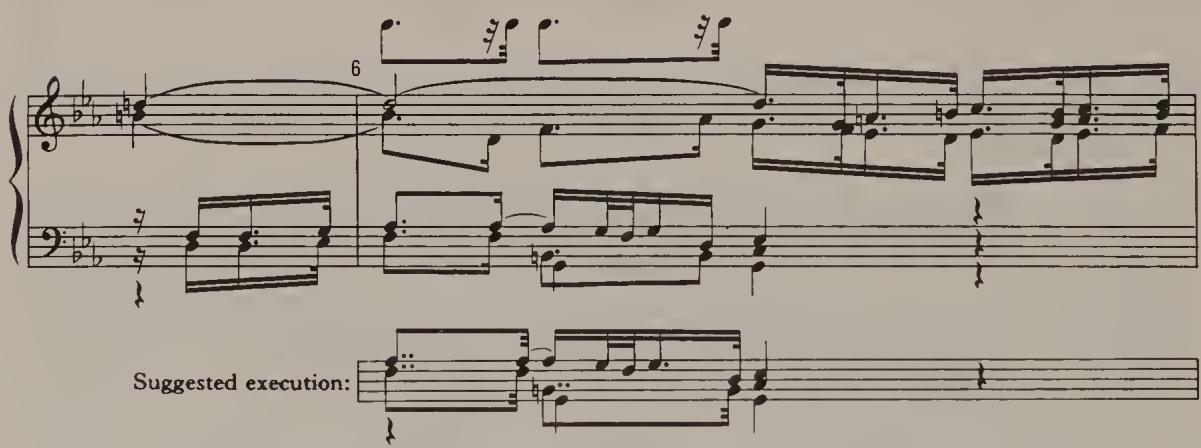 Ex. 2.83. Partita No. 2, BWV 826, Sinfonia, bars 5–6；However, there are a handful of instances in Bach where dotted rhythms were probably intended despite notation in equal values. Ex. 2.83 shows part of the Sinfonia of Partita No. 2; as the principal motif of the introduction concludes with a dotted rhythm elsewhere, it is difficult to see why an exception should be made here. The same applies to the Sarabande of Partita