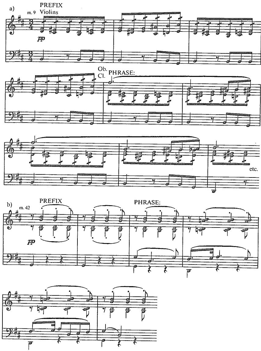 Example 3.3. Schubert: Symphony No. 8 (“Unfinished”), first movement a. mm. 9–17 b. mm. 42–47
