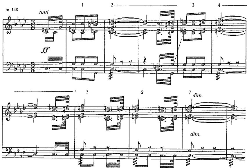Example 3.14. Beethoven: Symphony No. 5, second movement, mm. 148–57 (metrical analysis after Schenker)