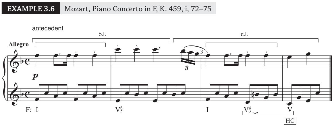 Example 3.5: the basic idea is supported by a tonic prolongational progression. Th e contrasting idea brings a half-cadential progression.；Example 3.6: the basic idea opens with a 1-m. rhythmic motive, one that Mozart used to start a number of his piano concertos. Th e beginning of the next idea at m. 3 brings back this same motive, which might lead the listener to suspect that the basic idea is being repeated in the manner of a presentation phrase. But the motive is supported by a completely dif erent harmonic progression, one that brings about an HC to end the contrasting idea of an antecedent phrase.