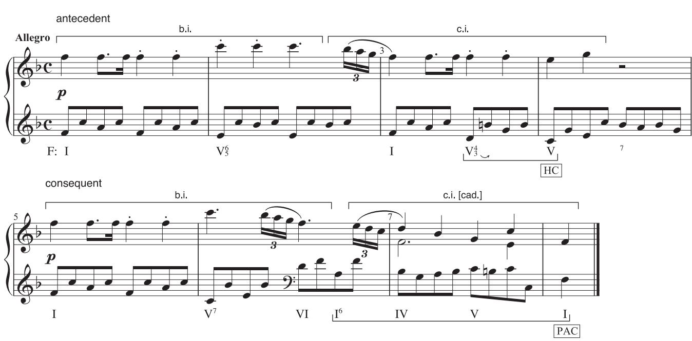 Example 3.15: the cadential progression of the antecedent begins with the pre-dominant Lr/L in the middle of m. 3. In the consequent, the pre-dominant KL is shift ed back to the beginning of m. 7 in order to accommodate the penultimate dominant in the second half of that measure.；When the contrasting idea of the consequent is supported entirely by the cadential progression, it resembles the “cadential idea” closing a sentence.；Example 3.15: seeing as the contrasting idea of the consequent is harmonized exclusively by the cadential progression, it would not be unreasonable to label this a “cadential idea”; see also Example 3.14.