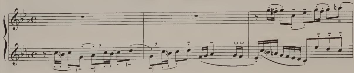 Ex. 4.20. WTC I, Fugue in C minor, bars 1–3, unpublished articulation marks by Paul Badura-Skoda；short motifs is actually correct, because up-beats of one note should always be separated (see p. 95). Perhaps Beethoven played it like this and Czerny merely misunderstood him. However, ♪♩ would also be justified.