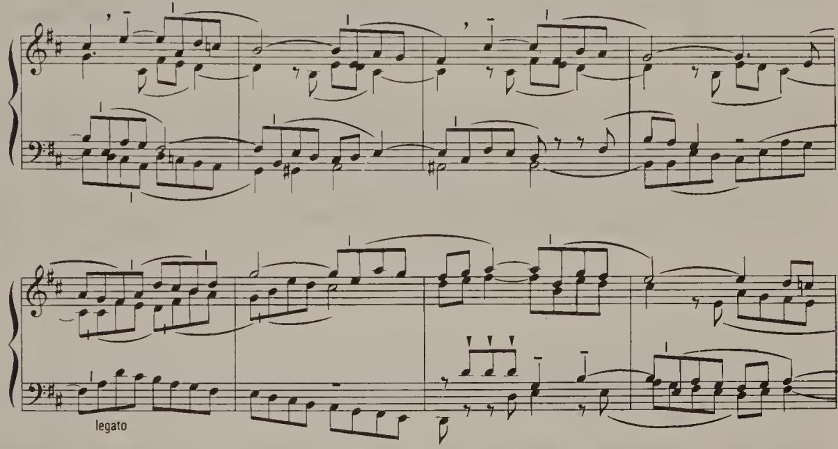 Ex. 4.27. WTC II, Fugue in D major, bars 34–41；One of the few fugue subjects to which Bach himself added a few articulation marks is that of the finale of the C major Concerto for two harpsichords (see Ex. 4.28). The unmarked opening motif should surely be played detached (the semiquavers non-legato), though probably not as short as the staccato in bars 3 and 4. (In passing it is worth noting the interesting structure of the melody: $2 + 3 + 3$ minims.) We can make use of these authentic marks in the fugue subject of the Toccata of Partita No. 6 (see Ex. 4.29). The similar second half of this theme should also be played detached, though on account of its essentially elegiac character it should probably be slightly longer than in the more energetic C major fugue of BWV 1061. Bach&rsquo;s own markings in the G major Viola da Gamba Sonata BWV 1027 may serve as a model for the first motif (see p. 315). The performer is strongly