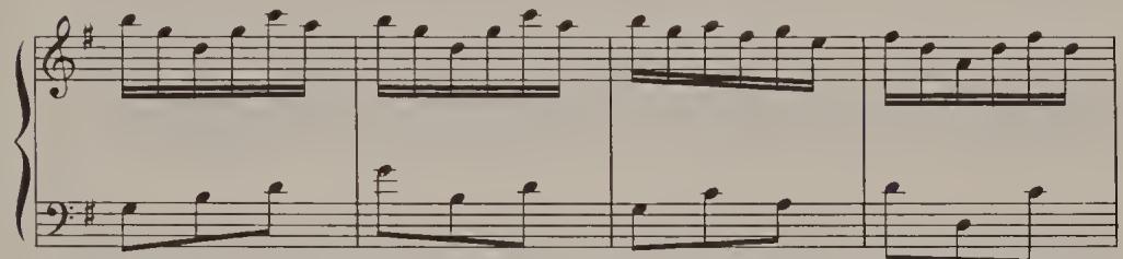 were evidently inspired by flute music. Those who have heard a good performance of the Fourth Brandenburg Concerto (also in G major!), will take pleasure in imitating the delicate staccato of recorders on the harpsichord or piano (Ex. 4.44). Bach&rsquo;s manner of playing (drawing in the finger and sliding it off the front of the key) is to be recommended when playing staccato (and non legato) on keyboard instruments.