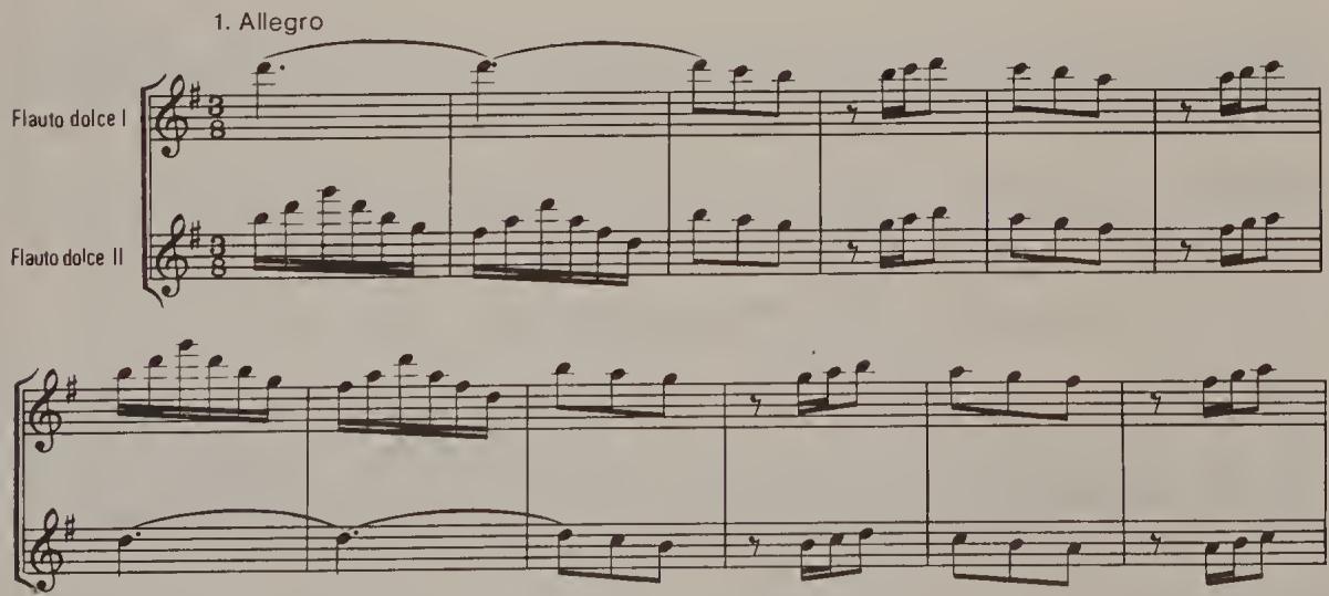 Ex. 4.44. Brandenburg Concerto No. 4, BWV 1049, first movement, bars 1–12；In contrast to this soft, ‘evanescent’ staccato, there is the vigorous kind that predominates in certain gigues and similar fast movements. A typical example