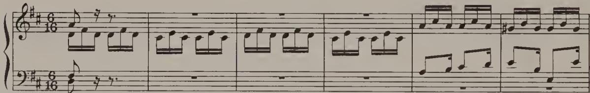 Ex. 4.46. Harpsichord Toccata in D major, BWV 916；Ex. 4.47. French Suite No. 5, BWV 816, Gigue, bars 1–4