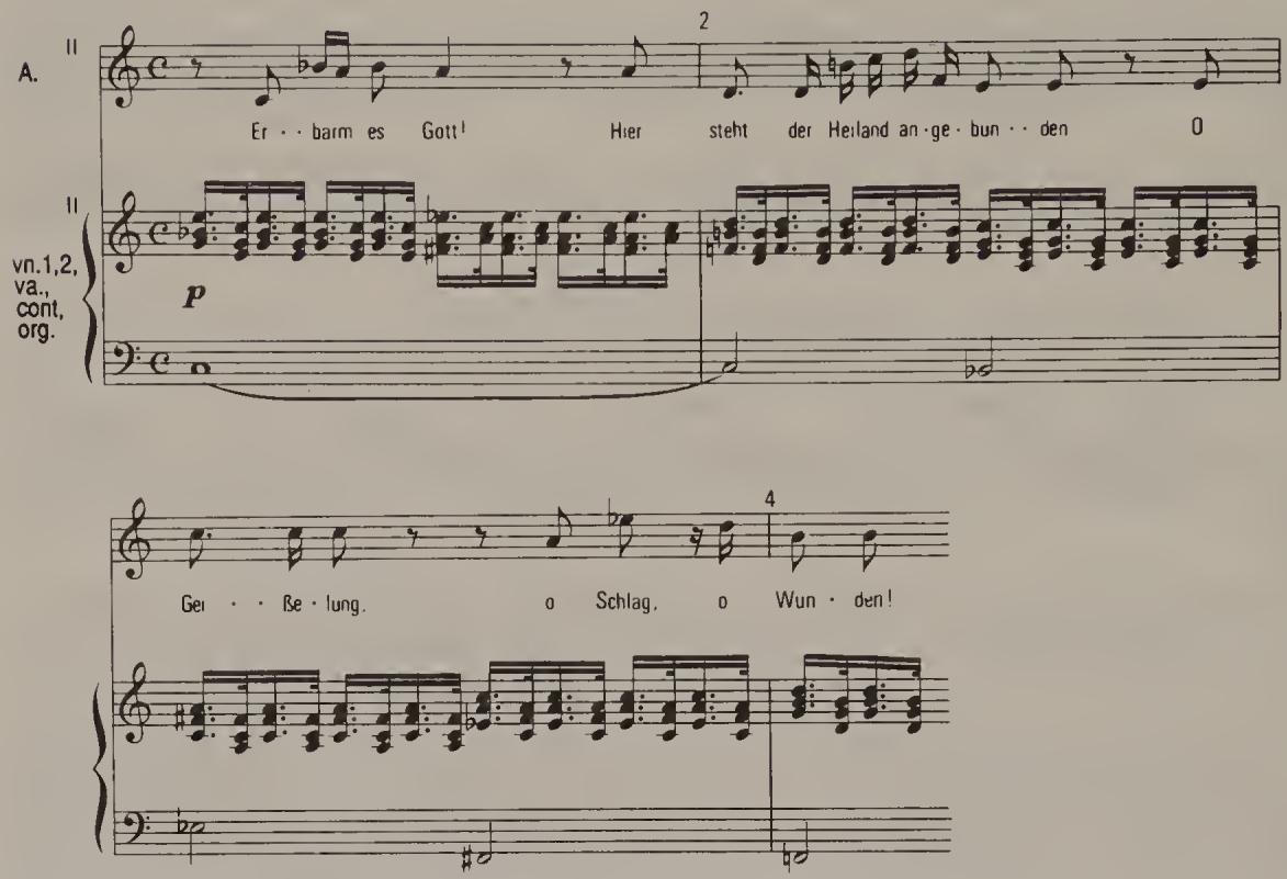 Ex. 4.50. St Matthew Passion, recitative NBA No. 51, BGA No. 60, bars 1–4；distinction we draw today: the stroke signifies marcato. However, the two marks often overlap. In the D minor Fugue of WTC I Bach seems to have meant staccato dots. But the five strokes in the theme of the D minor Harpsichord Concerto, BWV 1052 (autograph) probably suggest that the notes should be vigorous and detached (see Ex. 4.51). $^{44}$ This is a typical