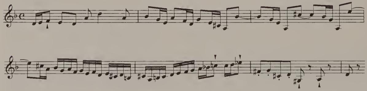 Ex. 4.51. Harpsichord Concerto in D minor, BWV 1052, first movement, bars 1–7；$^{44}$ Hans Klotz, Die Ornamentik der Klavier- und Orgelwerke von J. S. Bach (Kassel, 1984), 178 ff., is of the opinion that in Bach strokes should be construed as a very slight shortening of the note-value on the lines of Couperin&rsquo;s &lsquo;aspiration&rsquo;. This may be correct in the case of keyboard works, though it is improbable in the case of strings. A 3rd interpretation (accent stroke on sustained notes) is given by Telemann in Singe-, Spiel- und Generalbass-Übungen (Hamburg, 1733–4), No. 14.