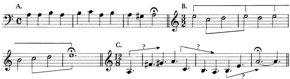 EXAMPLE 4-1 Undesirable melodic traits in the counterpointing voice；$^{1}$ This may appear to contradict the statement made in Chapter 2. However, the remark here refers to note-against-note settings, not actual elaborated melodic lines.