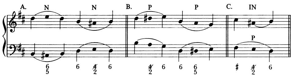 EXAMPLE 4-16 Instances of chordal dissonance in note-against-note settings