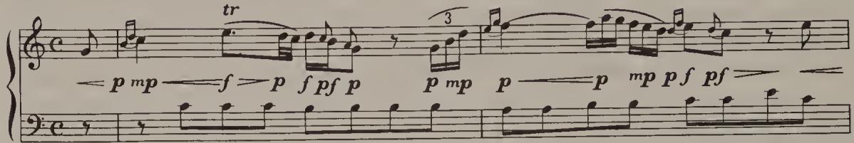 Ex. 5.1. Quantz&rsquo;s dynamic markings in the slow movement of a flute sonata, transcribed in Hochreither, Zur Aufführungspraxis, p. 121