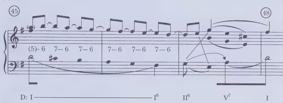 Example 4.18 continued；(b–c) outer voice reductions, bars 45–48
