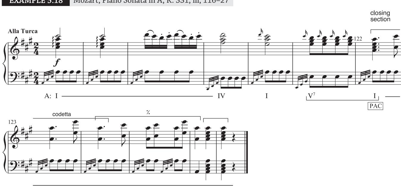 Example 5.18: the codettas of this closing section (beginning at m. 122) are built exclusively on root-position tonic harmony, with no other intervening harmonies.