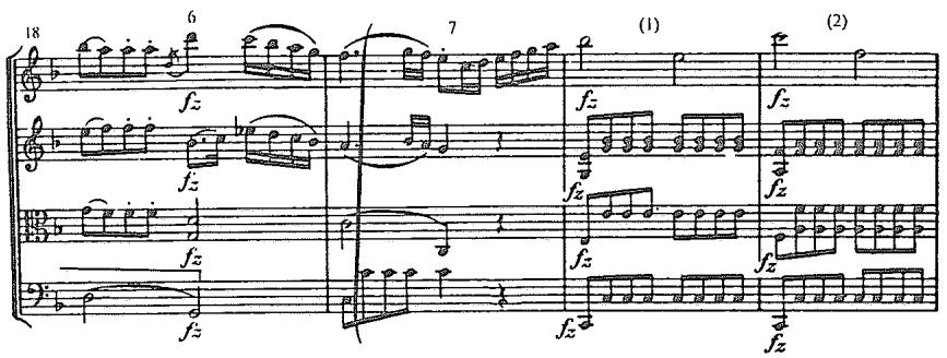 Example 5.27. Haydn: Quartet in D Minor, Op. 76, No. 2, first movement a. mm. 13–21 b. mm. 44–50