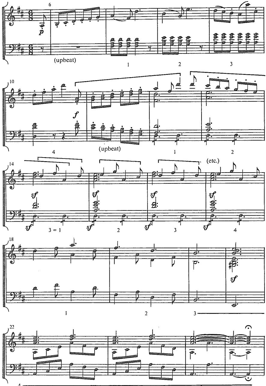 Example 5.29. Haydn: Symphony No. 101, first movement, presto, mm. 6–25 (metrical analysis after Schachter)