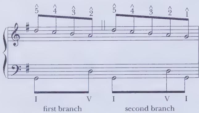 however, a “link” often connects the two branches (as in bar 8 of Example 5.7). We will see in subsequent examples how the interruption principle shapes various structural levels, with far-reaching ramifications for the development of form and content.