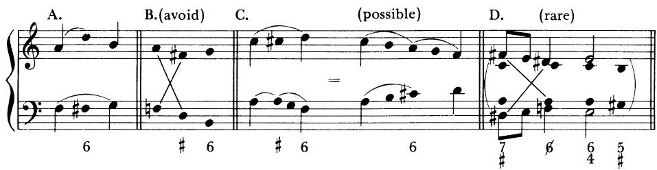 EXAMPLE 7-2 Examples of cross relations；$^{1}$ For a more extensive discussion of chromaticism in general see Chapter 13.