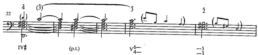 Example 7.22. Voice-leading reduction of Chopin&rsquo;s Op. 59, No. 1, mm. 22–26 (left hand only)