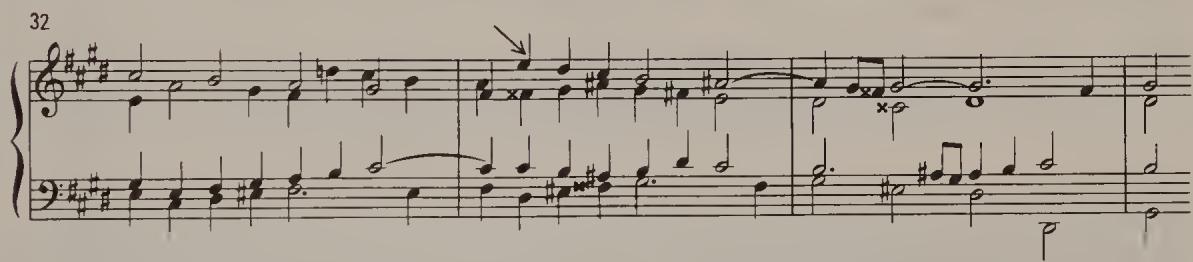 The second example comes from the Chromatic Fugue. Four ninth chords (bars 94, 135, 139, 158) have the effect of massive pillars that crown the concluding bars of the fugue (Ex. 9.3). It is immediately apparent that these ninth chords abruptly augment the three-part texture of the fugue, which is otherwise adhered to strictly. In the first two instances the chord is preceded by a rhythmic and melodic agglomeration. The theme literally comes to a halt, and can overcome the obstacle only through a kind of extra effort (by an increase in the number of parts). The agglomeration is particularly noticeable before the second ninth chord. Here the theme leaps upwards a tenth (contrary to all the rules) from the tenor to the treble. (In view of such audacity we must pity the narrow-mindedness of those editors who failed to notice that the first extract prepares this leap with more modest means (bar 93). When will pianists and harpsichordists finally stop playing Bülow&rsquo;s Bach &lsquo;improvements&rsquo;? His text reads as shown in Ex. 9.4. It is only before the last ninth chord that the theme manages to overcome the preceding obstacles. This &lsquo;supreme effort&rsquo; leads not only to the highest of the three staggered chords, but also and simultaneously to the &rsquo;thundering octaves&rsquo; in the left