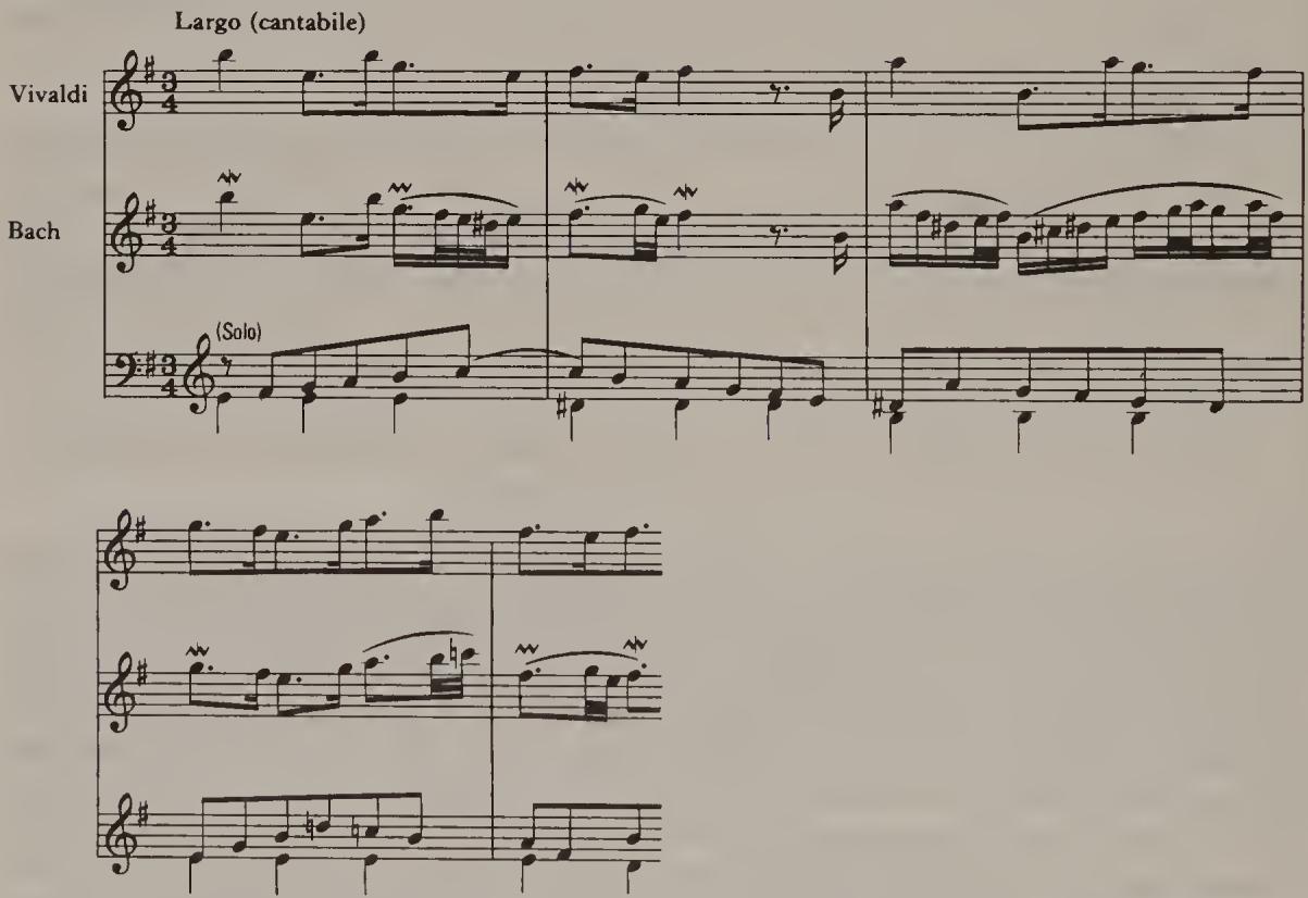 Ex. 11.2. Vivaldi, Violin Concerto RV 299, and Bach&rsquo;s arrangement as the Harpsichord Concerto in G major, BWV 973: second movement, bars 1–5；$^{14}$ On Playing the Flute, p. 162. See Ex. 19.44.