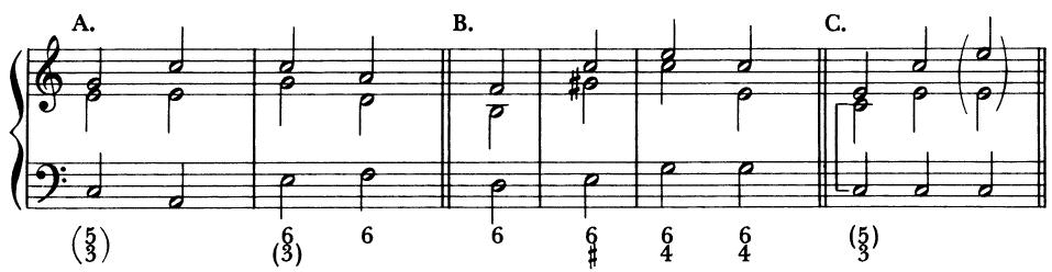 EXAMPLE 11-1 Complete and implied triads in three-voice texture