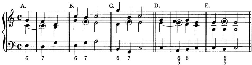 EXAMPLE 11-6 Approach and resolution of typical chordal dissonances