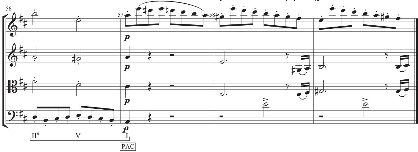 Example 12.13: the transition contains a broad-scale model-sequence pattern, the last link of which is shown at the beginning of this example. (Th e cadential progression within the sequence creates a cadence of “limited scope.”) Th e sudden change to triplet rhythms at m. 45 accompanies an expanded German augmented-sixth harmony, which leads to an HC on the downbeat of m. 47. Th e twofold repetition