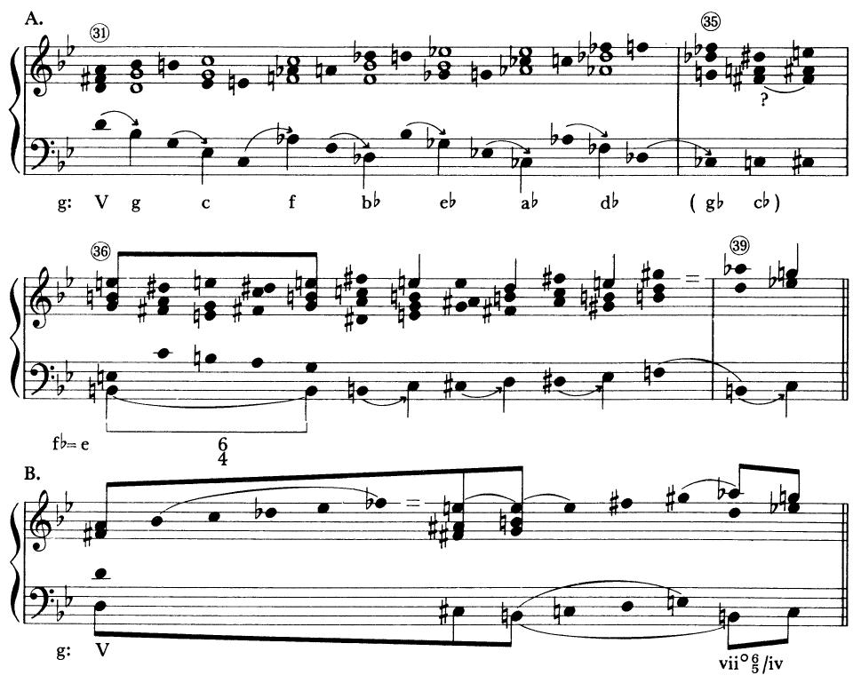 EXAMPLE 13-12 Reduction of measures 31-39 of Bach&rsquo;s Fantasia in g (&ldquo;Great&rdquo;) BWV 542