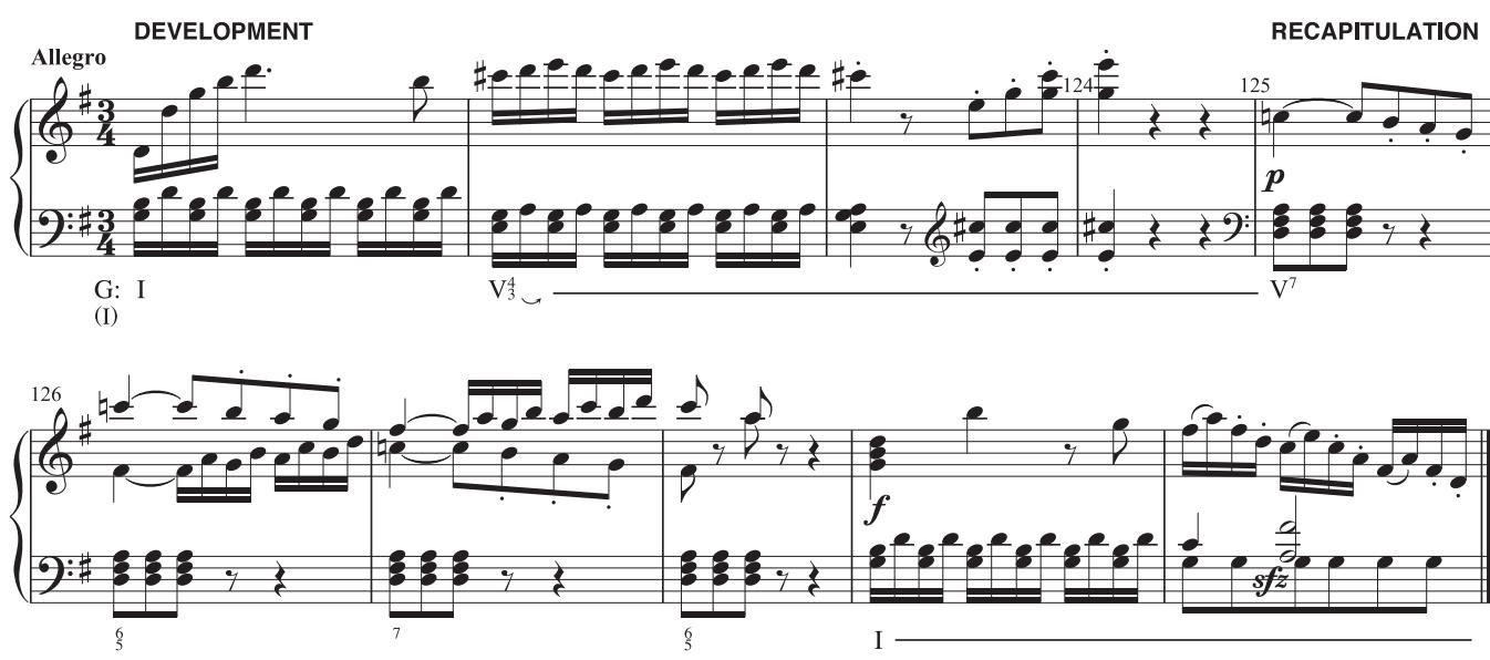Example 13.17: the recapitulation begins in m. 125 with the dominant seventh of the home key, just as at the start of the exposition (m. 21). In order to set up this unusual beginning, Haydn closes the development with the pre-dominant Lr/L.