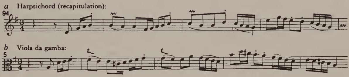 Ex. 13.6. Sonata in B minor for flute and harpsichord, BWV 1030, Andante；Ex. 13.4. Sonata No. 1 for harpsichord and viola da gamba, BWV 1027, second movement