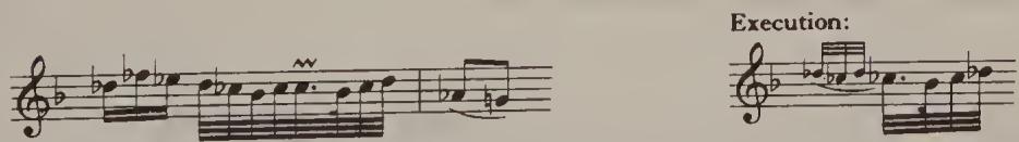 Exx. 14.55 and 14.56). But perhaps in order to avoid misunderstandings we should always speak of a ‘short trill’ in this context. Two ascending notes followed by a trill over the repeated second note form a frequent formula in which the trill always commences on the auxiliary regardless of its length, both in baroque music and later in Beethoven and Chopin (see Exx. 14.57 and 14.58). In Ex. 14.58 the choice of short or long trills is left to the discretion of the performer. Yet on account of the French character of this sarabande, longer trills should come to a stop shortly before the suffix (point d&rsquo;arrêt).；Ex. 14.55. Chromatic Fantasia, bars 55–6