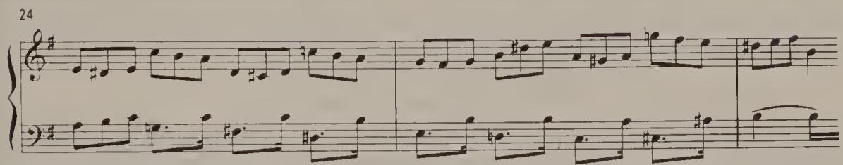 Ex. 14.100. Partita No. 6, BWV 830, Gavotte, bars 24–6, earlier version；(Ex. 14.101). When fleshing out this line Bach replaced the crotchets with triplets (e-d#-e, etc.), and these could be termed ‘slow mordents’. Bach included the E minor Partita in the Clavier-Übung, Part I. In this printed version he achieved an even greater variety in the figuration by modifying it as in Ex. 14.102. It would never have occurred to him to write the version in Ex. 14.103, yet this kind of rhythmic variety would have contributed to the interest of this gavotte, in which triplets and semiquavers alternate in other passages as well.