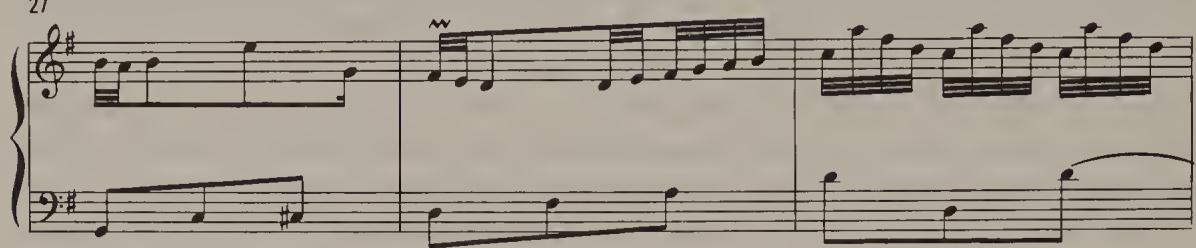 Ex. 14.104. Partita No. 6, BWV 830, Corrente, bars 27–9；A second example occurs in the second movement (Allegro) of the E major Violin sonata with obbligato harpsichord (Ex. 14.105). Even at a moderate Allegro tempo of $\jmath = 100$ this Pralltriller (to be exact, a &rsquo;trilled turn&rsquo;) can only be played before the beat (anticipating), if, that is, one does not prefer the solution of substituting a short f# appoggiatura.