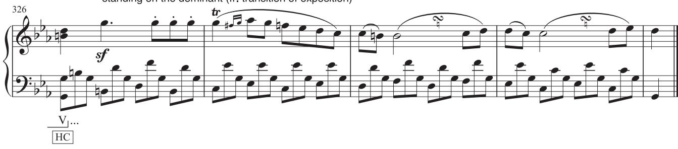 standing on the dominant (fr. transition of exposition；Example 14.14: the opening six measures of the recapitulation are essentially the same as the main theme of the exposition, except that the fi nal chord is LK rather than K . Th us instead of closing with a PAC, the theme brings a deceptive cadence in m. 45.