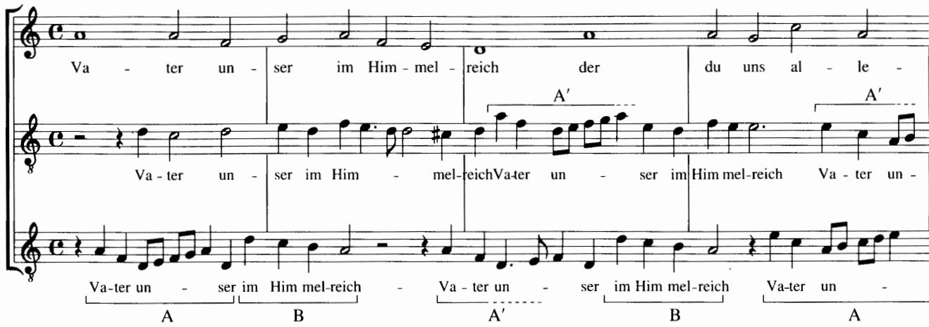 Example 14-9 (Praetorius) (“Our Father in Heaven, you who call us all to be brothers alike, and to call to you, and who will receive our prayer: let us not pray with our mouths alone, but help it come from the depths of our heart.”) (From Michael Praetorius, Gesamtausgabe der Musikaltschen Werke. Musae Sionae Teil IX (1610). Nr. LXV (“Vater unscr”). Karl Heinrich Möseler Verlag.)