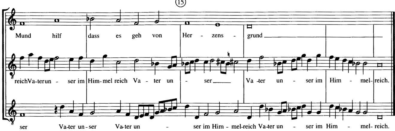 Example 14-10 is another version of the same tune treated differently by Praetorius: the short rhythmic motives are the fifth and sixth lines of the hymn tune. A is the notes at the words “gib dass nicht bet allein der Mund” and B is the notes at “Hilf dass es geh von Herzensgrund” (they have been bracketed and labeled). Like the motives in the examples in chapter 9, they are rhythmicized quite freely. Label other occurrences of these two motives.
