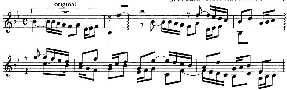 EXAMPLE 16-9；J. S. Bach: Three-Part Invention in Bb；Stretti must be calculated before composing begins. Good ones seldom, if ever, happen accidentally. Several points should be kept in mind: